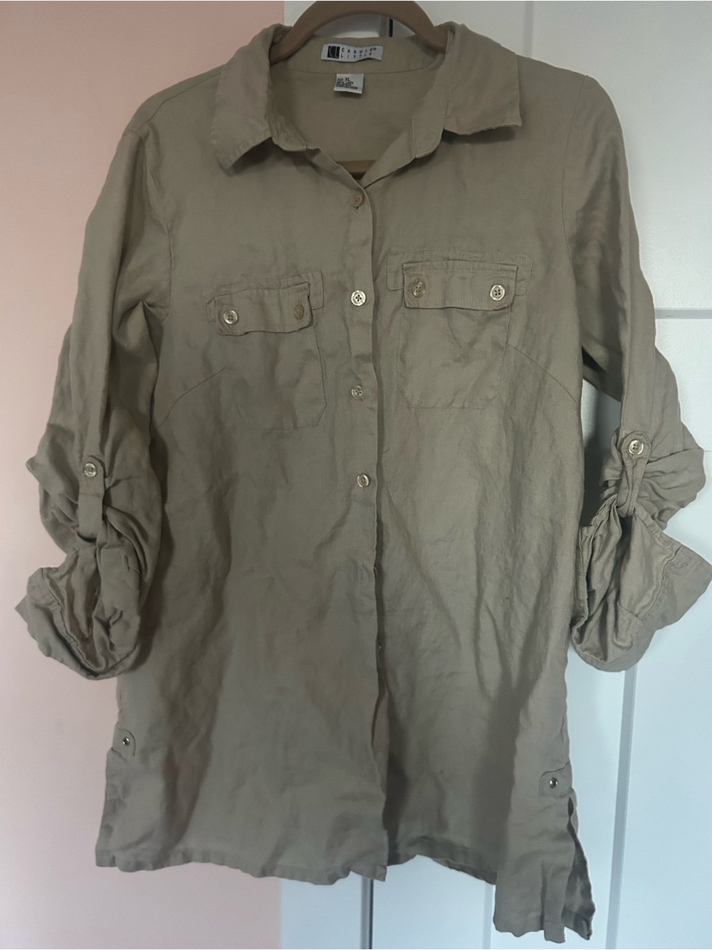 Carole Little Linen Taupe Button-Front Utility Top